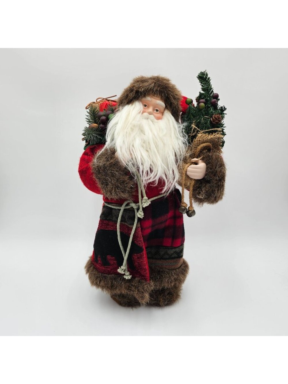 Rustic Santa Figurine Plaid & Faux Fur Backpack Pine Cone Accents Holiday Decor